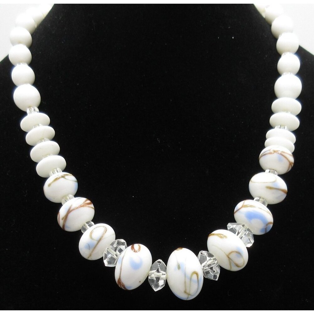 Vintage Japanese White Gold Blue Art Glass Bead Crystal Single Strand Necklace